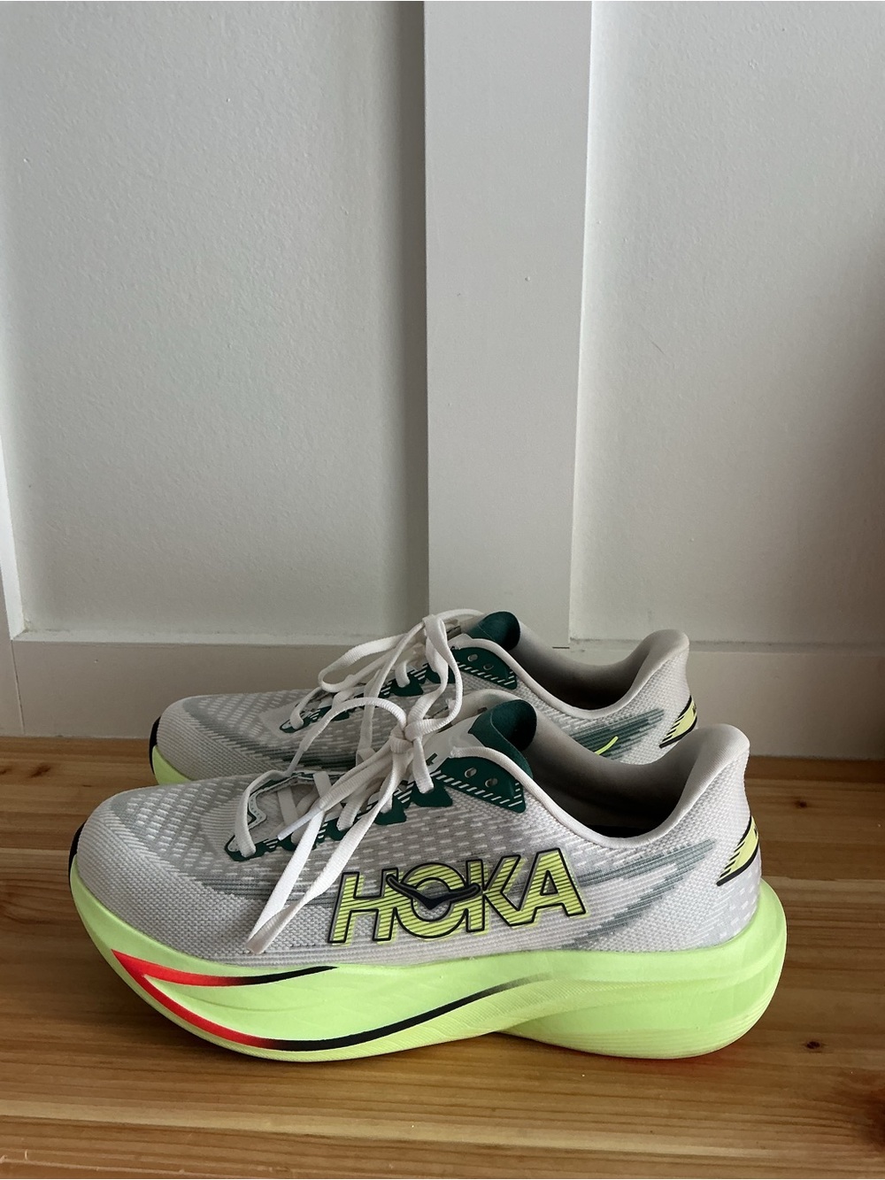 Hoka Men’s Mach 7 White & Neon Green Running Sneakers